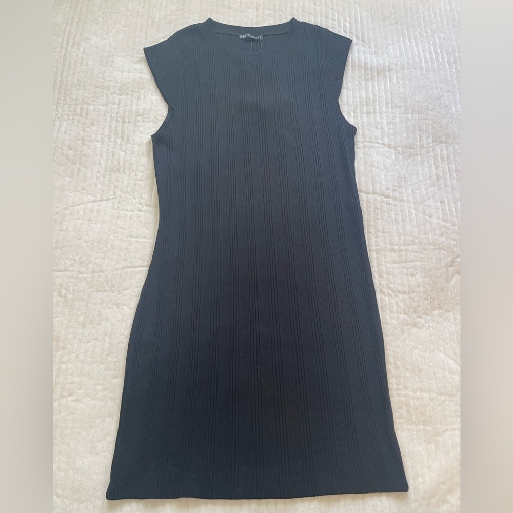 Zara Ribbed Mini Dress Cap Sleeve Black | XL (RUNS VERY SMALL)